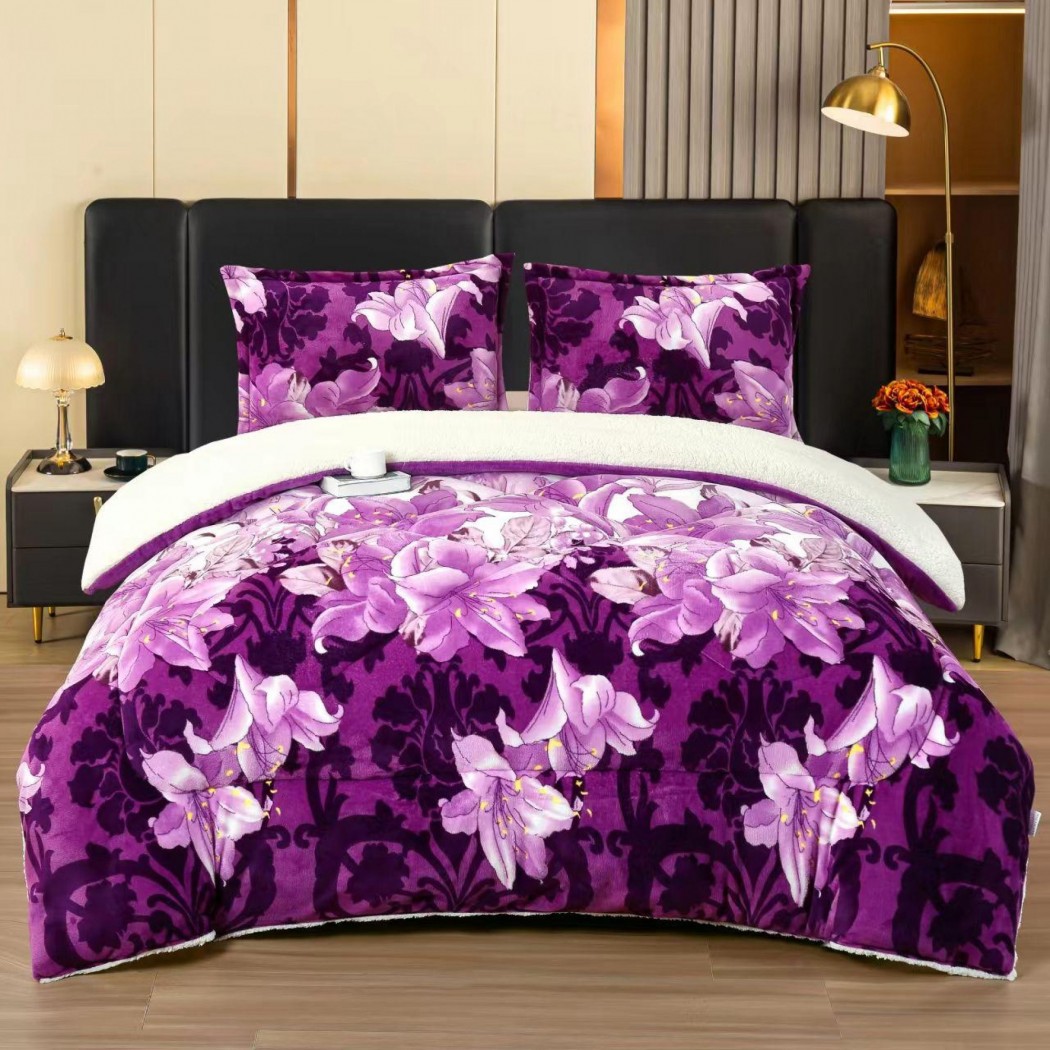 Set 3 piese , pilota pufoasa cocolino cu blanita model mov cu crini 200x230, cod PBC15