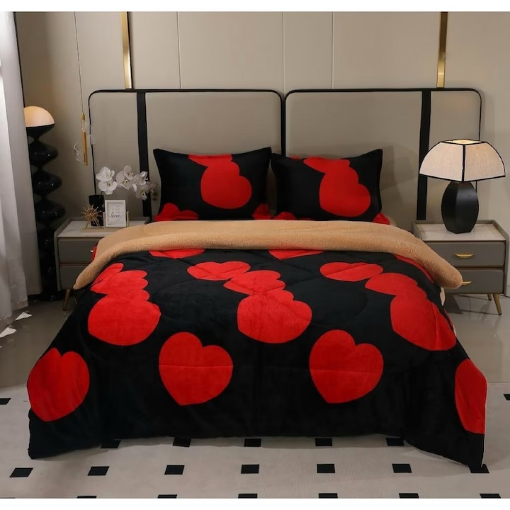 Set 3 piese , pilota pufoasa cocolino cu blanita model negru cu inimi rosii 200x230, cod PBC14