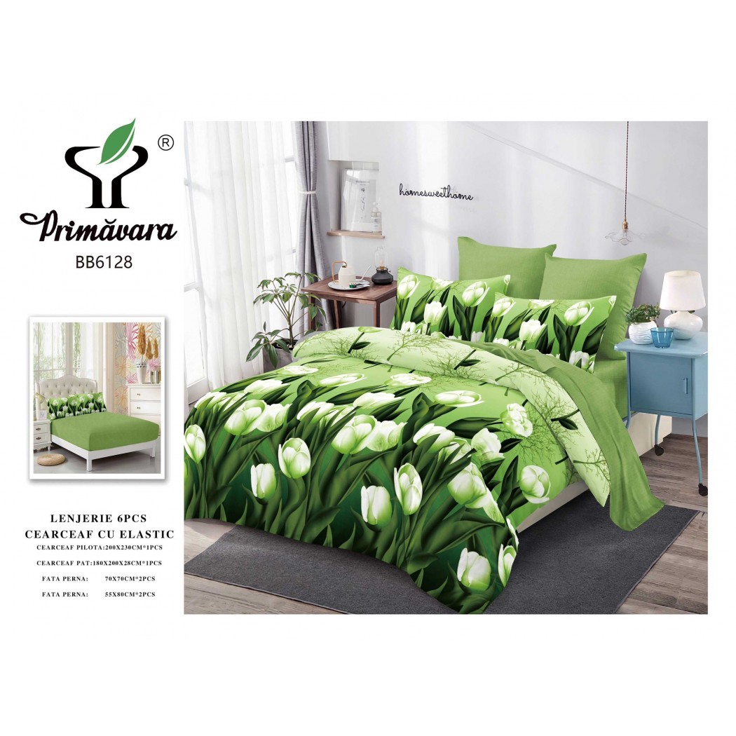 Lenjerie pentru pat dublu din finet cu 6 piese, cearceaf cu elastic cod BB6128