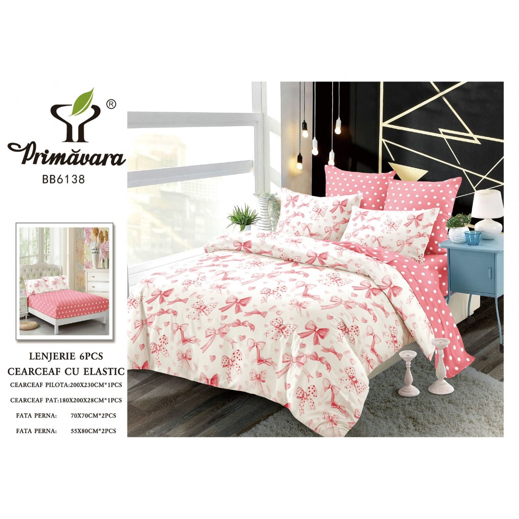 Lenjerie pentru pat dublu din finet cu 6 piese, cearceaf cu elastic cod BB6138