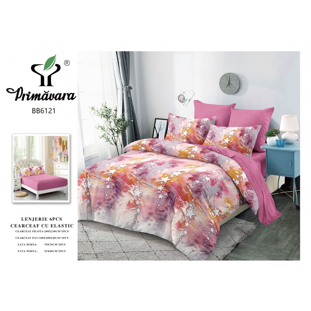 Lenjerie pentru pat dublu din finet cu 6 piese, cearceaf cu elastic cod BB6121