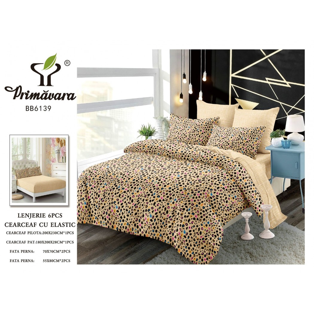 Lenjerie pentru pat dublu din finet cu 6 piese, cearceaf cu elastic cod BB6139