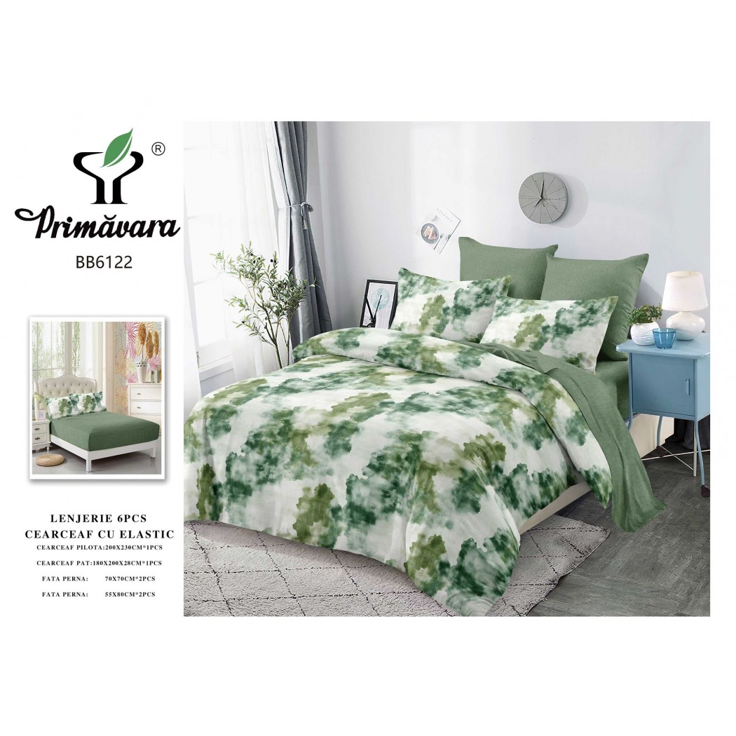 Lenjerie pentru pat dublu din finet cu 6 piese, cearceaf cu elastic cod BB6122