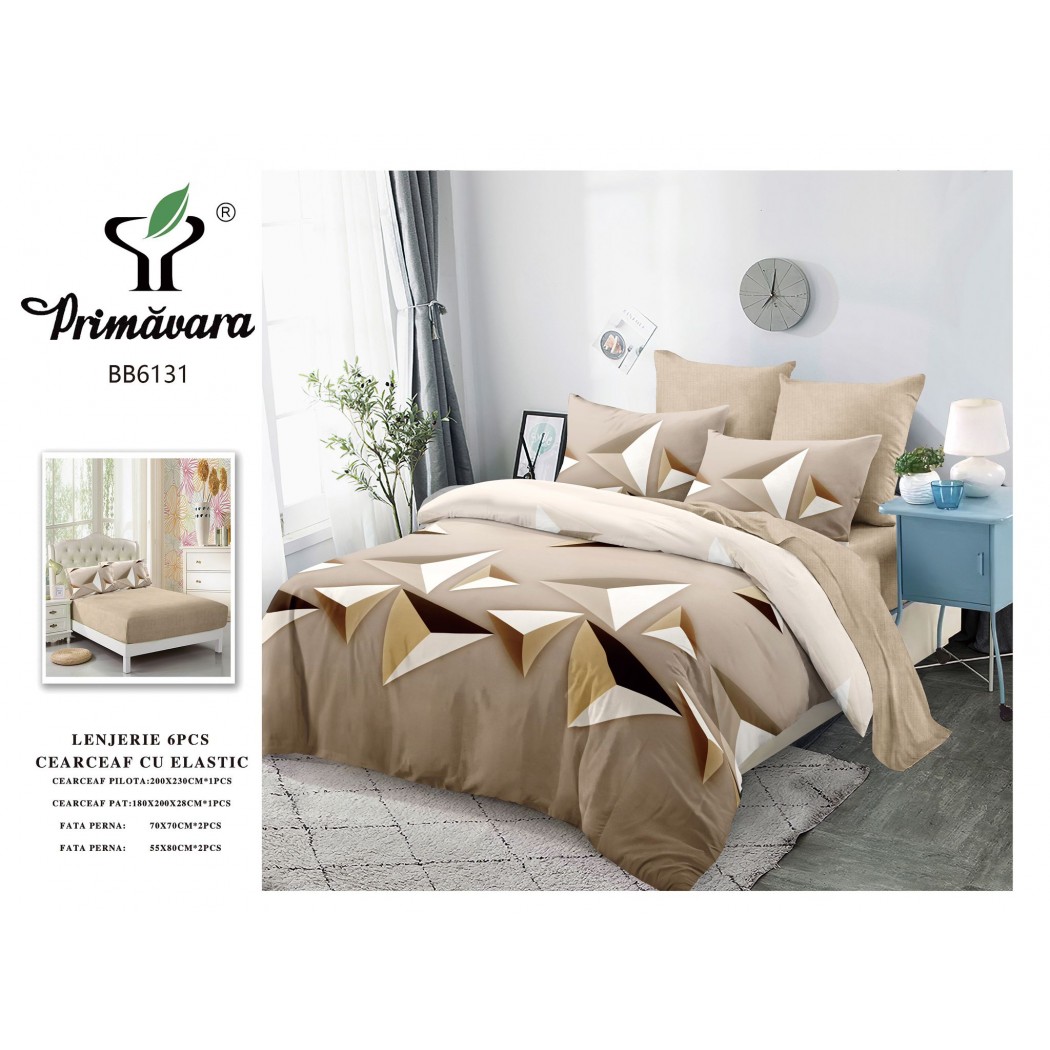 Lenjerie pentru pat dublu din finet cu 6 piese, cearceaf cu elastic cod BB6131