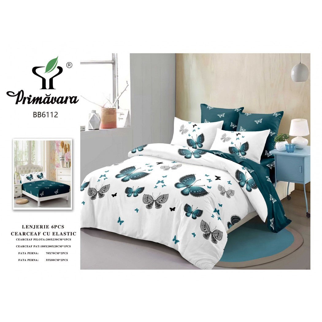 Lenjerie pentru pat dublu din finet cu 6 piese, cearceaf cu elastic cod BB6112