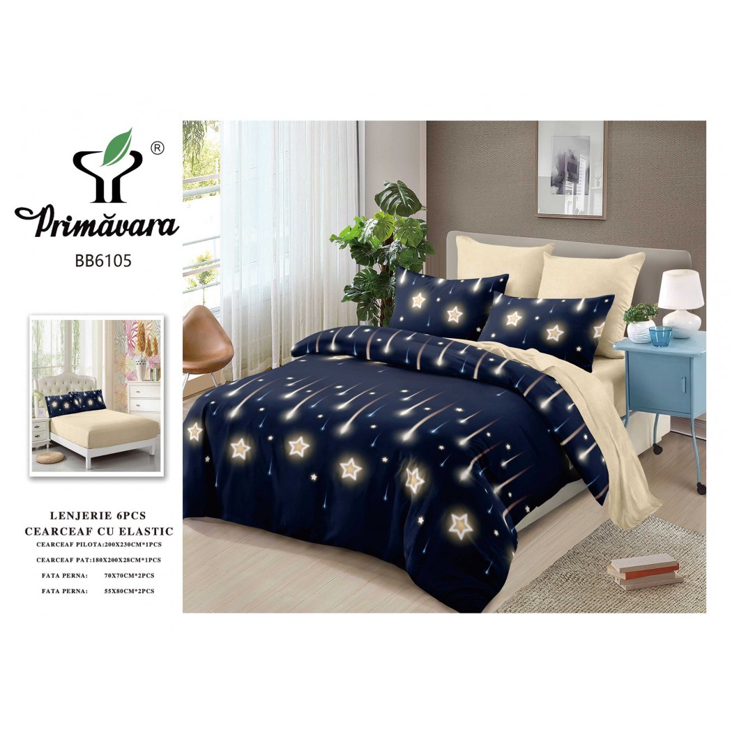 Lenjerie pentru pat dublu din finet cu 6 piese, cearceaf cu elastic cod BB6105