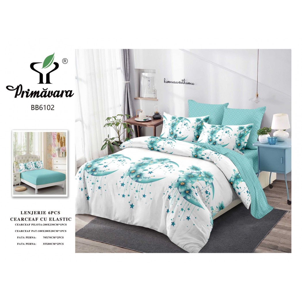 Lenjerie pentru pat dublu din finet cu 6 piese, cearceaf cu elastic cod BB6102