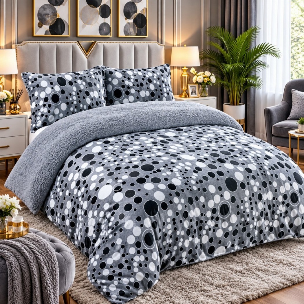 Set 3 piese , pilota pufoasa cocolino cu blanita model gri cu buline 200x230, cod PBC03