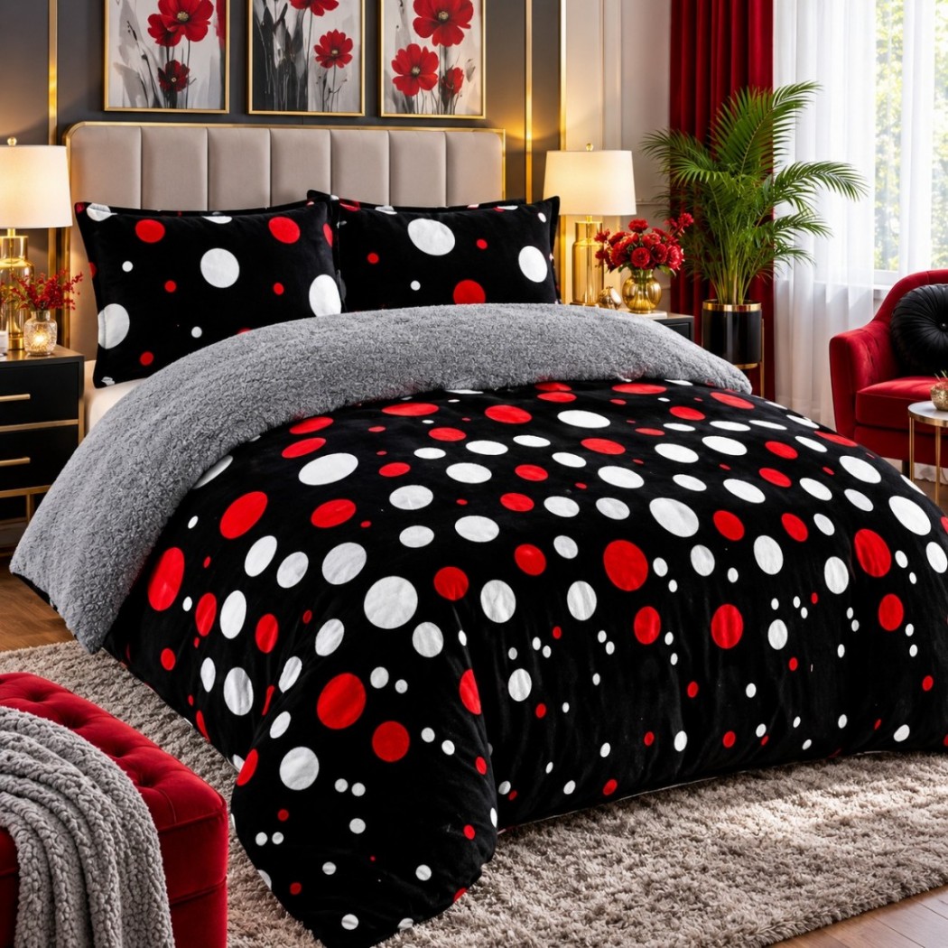 Set 3 piese , pilota pufoasa cocolino cu blanita model negru cu buline colorate 200x230, cod PBC04