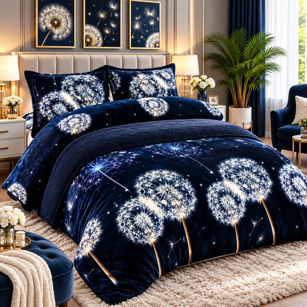Set 3 piese , pilota pufoasa cocolino cu blanita model bleumarin cu papadii 200x230, cod PBC05