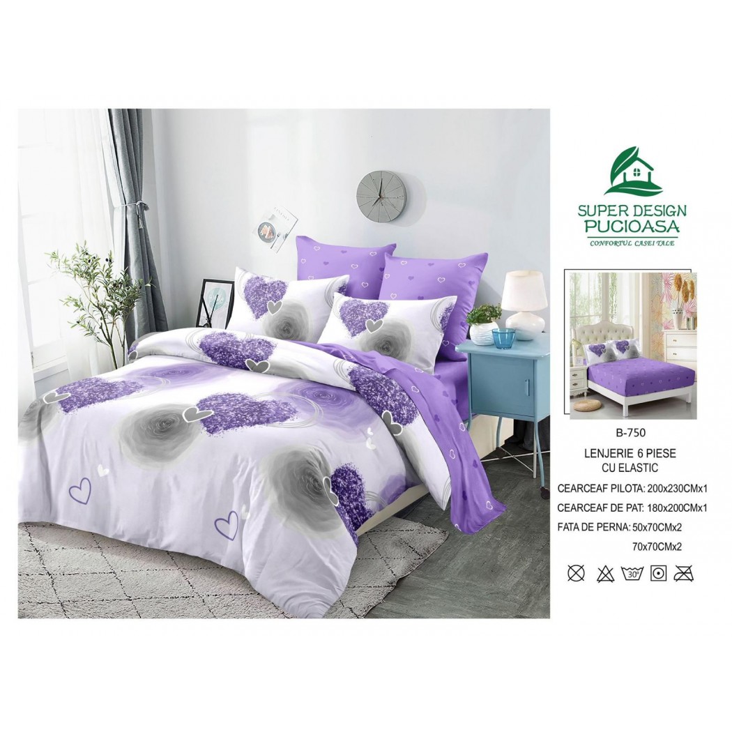 Lenjerie pentru pat dublu din finet cu 6 piese, cearceaf cu elastic cod B-750