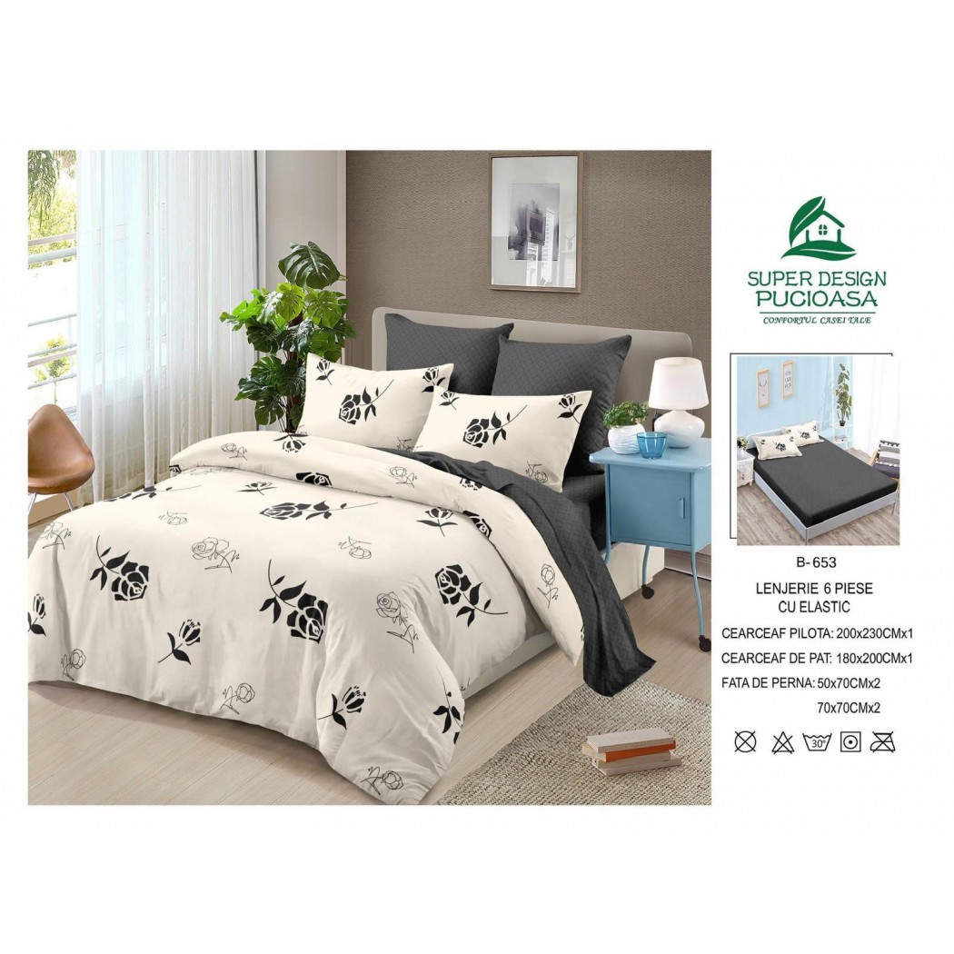 Lenjerie pentru pat dublu din finet cu 6 piese, cearceaf cu elastic cod B-653