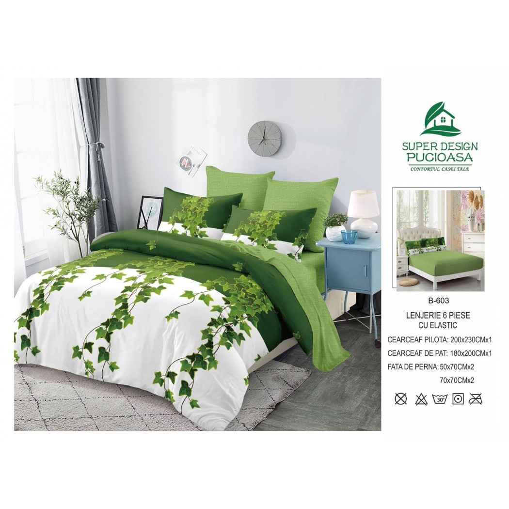 Lenjerie pentru pat dublu din finet cu 6 piese, cearceaf cu elastic cod B-603