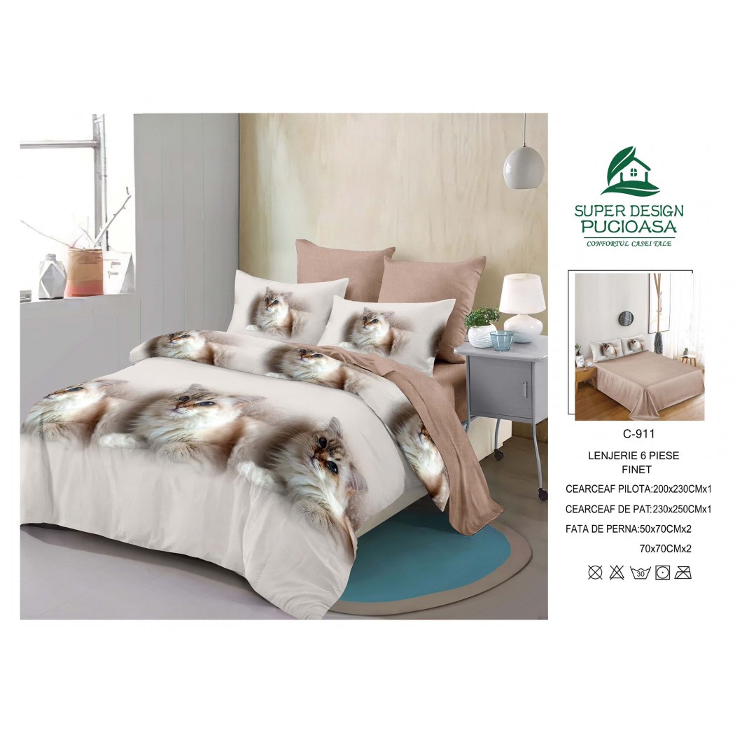 Lenjerie pentru pat dublu din bumbac finet 6 piese, cod C-911