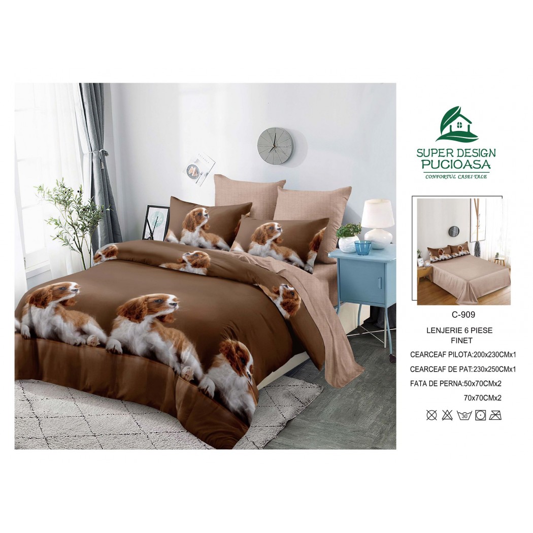 Lenjerie pentru pat dublu din bumbac finet 6 piese, cod C-909