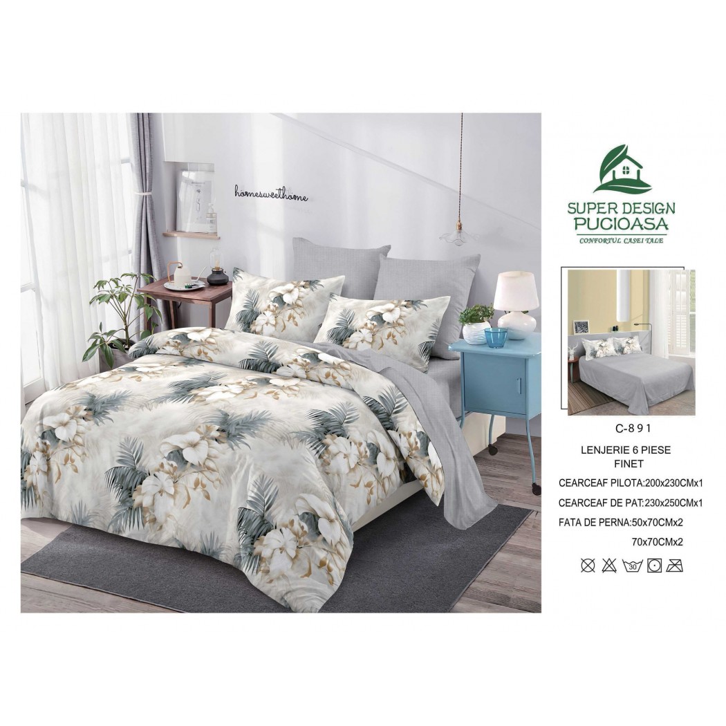 Lenjerie pentru pat dublu din bumbac finet 6 piese, cod C-891