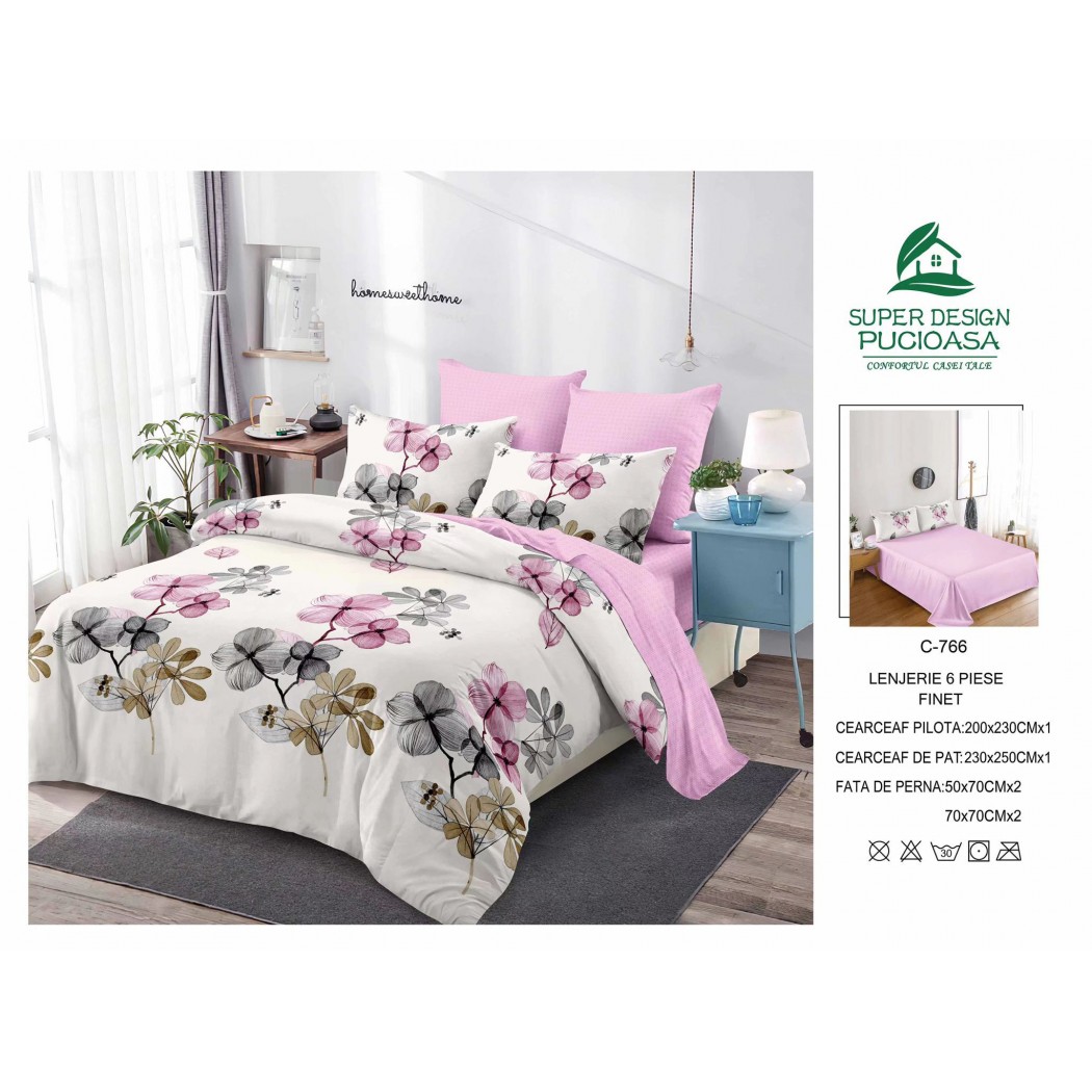 Lenjerie pentru pat dublu din bumbac finet 6 piese, cod C-766