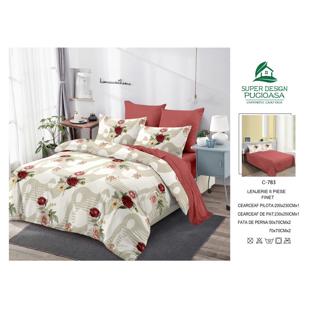 Lenjerie pentru pat dublu din bumbac finet 6 piese, cod C-783