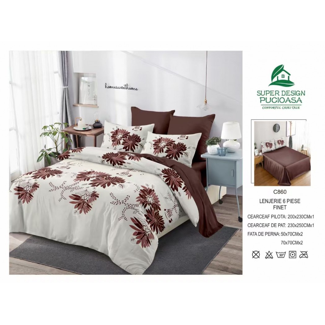 Lenjerie pentru pat dublu din bumbac finet 6 piese, cod C-860