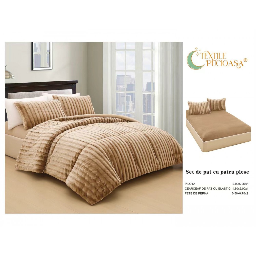 Set complet pentru pat: pilotă pufoasă, cearceaf cu elastic și 2 fețe de pernă – confort și eleganță în 4 piese , cod PCK01