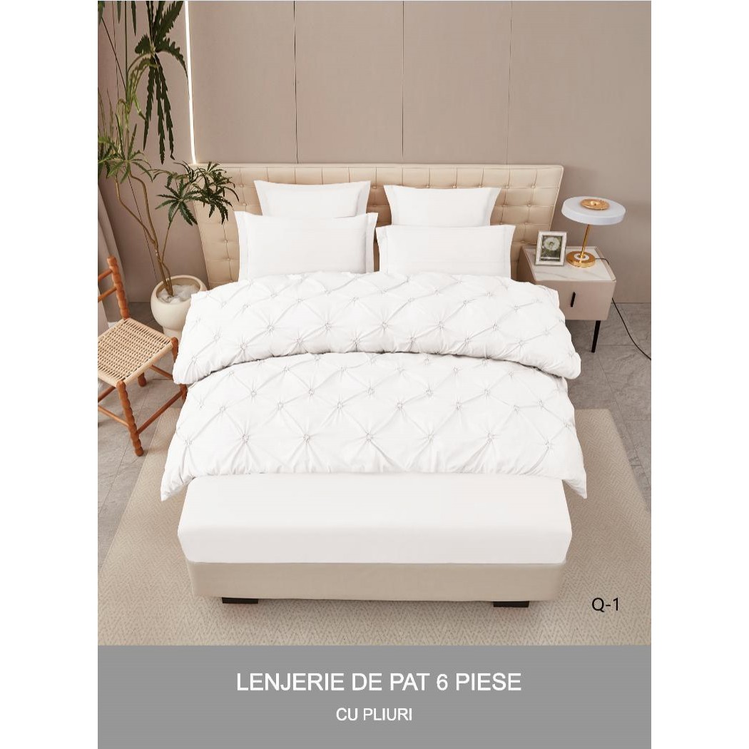 Lenjerie pentru pat dublu din bumbac finetat cu pliuri brodate,  6 piese , cearceaf cu elastic cod Q-1