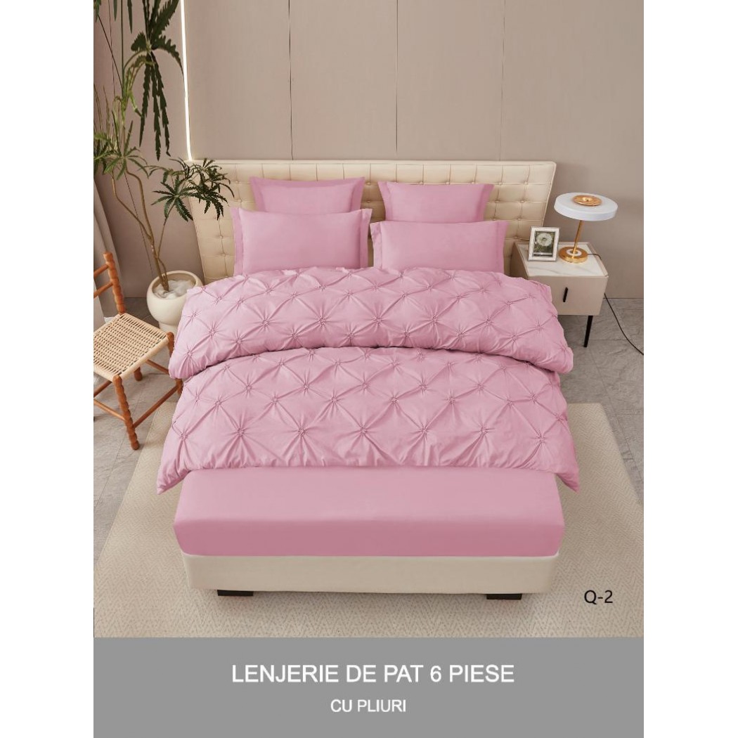 Lenjerie pentru pat dublu din bumbac finetat cu pliuri brodate,  6 piese , cearceaf cu elastic cod Q-2