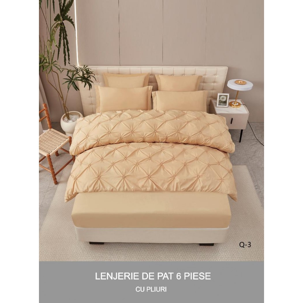 Lenjerie pentru pat dublu din bumbac finetat cu pliuri brodate,  6 piese , cearceaf cu elastic cod Q-3
