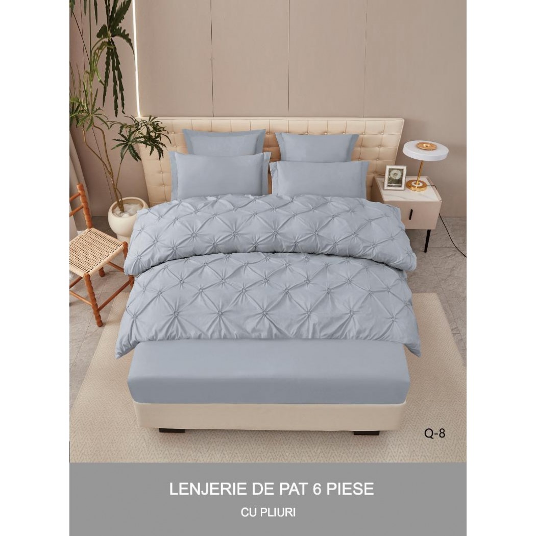 Lenjerie pentru pat dublu din bumbac finetat cu pliuri brodate,  6 piese , cearceaf cu elastic cod Q-8