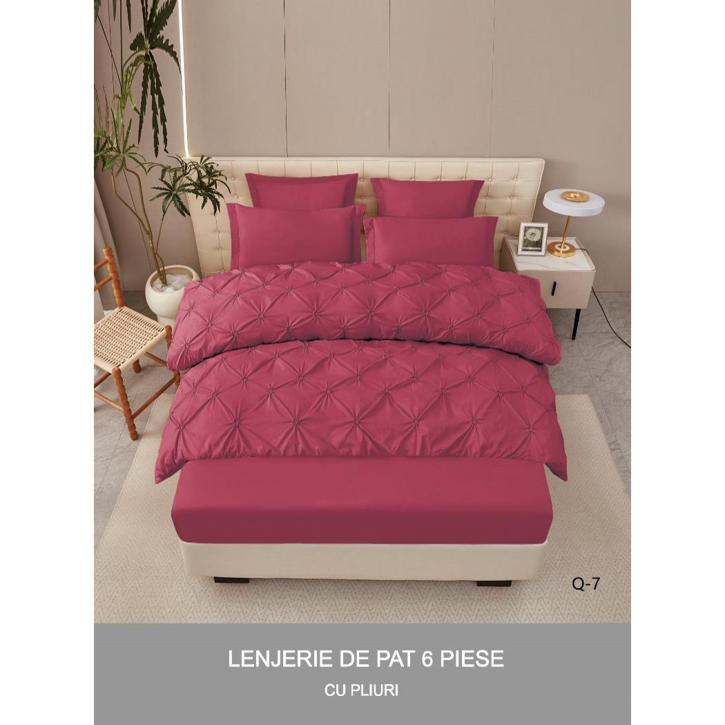 Lenjerie pentru pat dublu din bumbac finetat cu pliuri brodate,  6 piese , cearceaf cu elastic cod Q-7