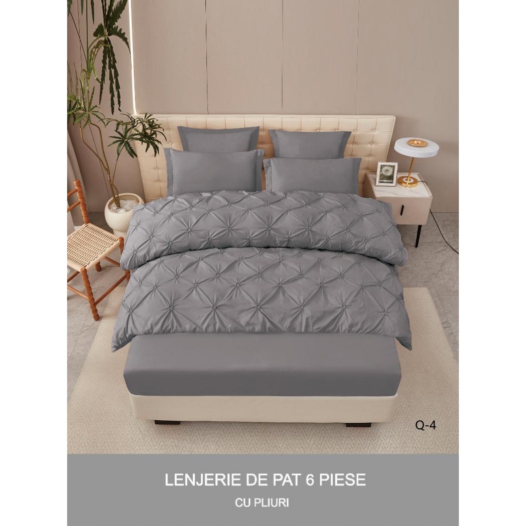 Lenjerie pentru pat dublu din bumbac finetat cu pliuri brodate,  6 piese , cearceaf cu elastic cod Q-4