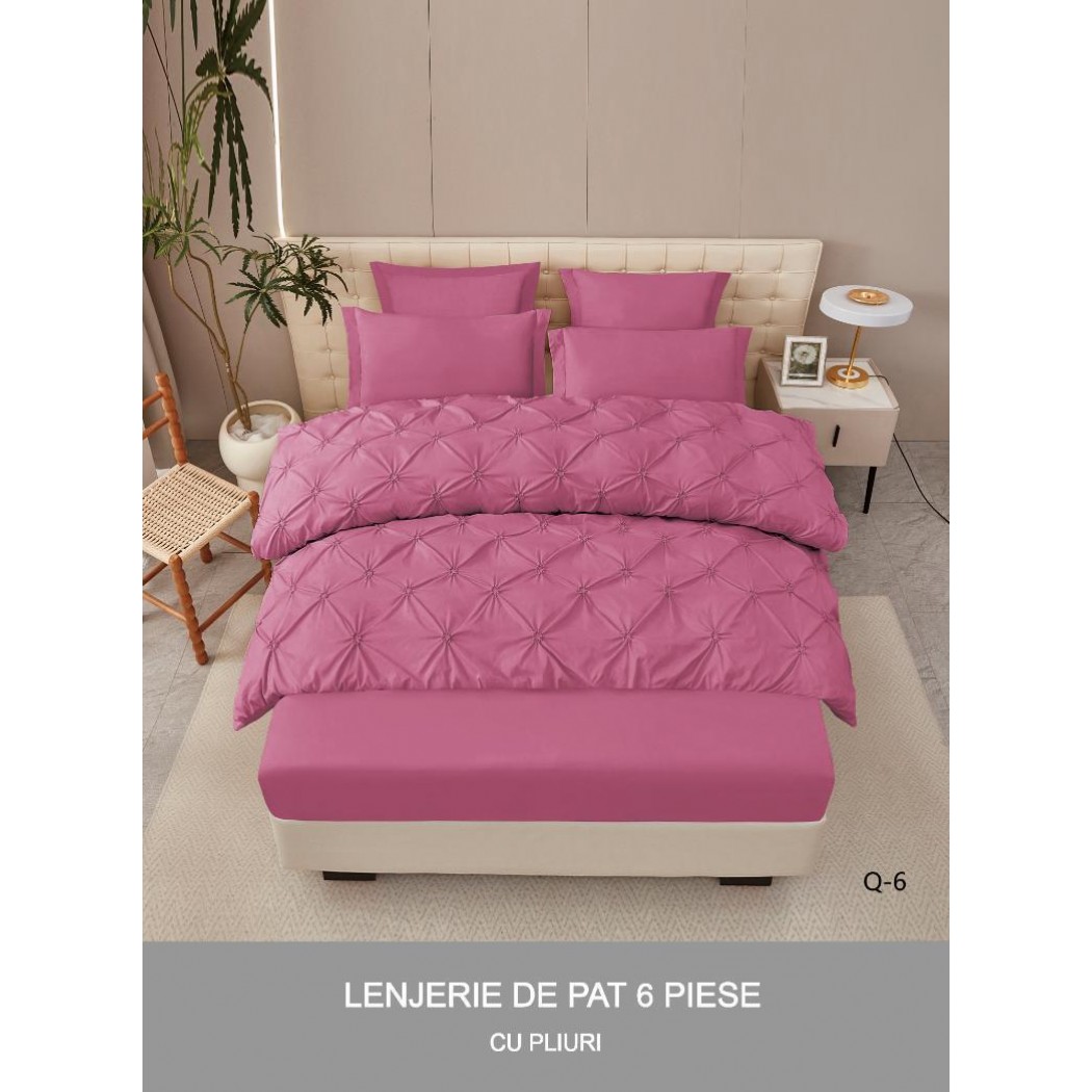 Lenjerie pentru pat dublu din bumbac finetat cu pliuri brodate,  6 piese , cearceaf cu elastic cod Q-6