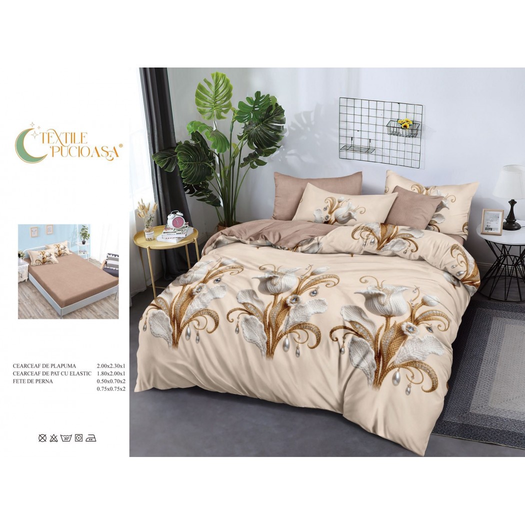 Lenjerie pentru pat dublu din finet cu 6 piese, cearceaf cu elastic cod TP08