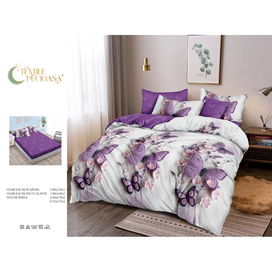 Lenjerie pentru pat dublu din finet cu 6 piese, cearceaf cu elastic cod TP09