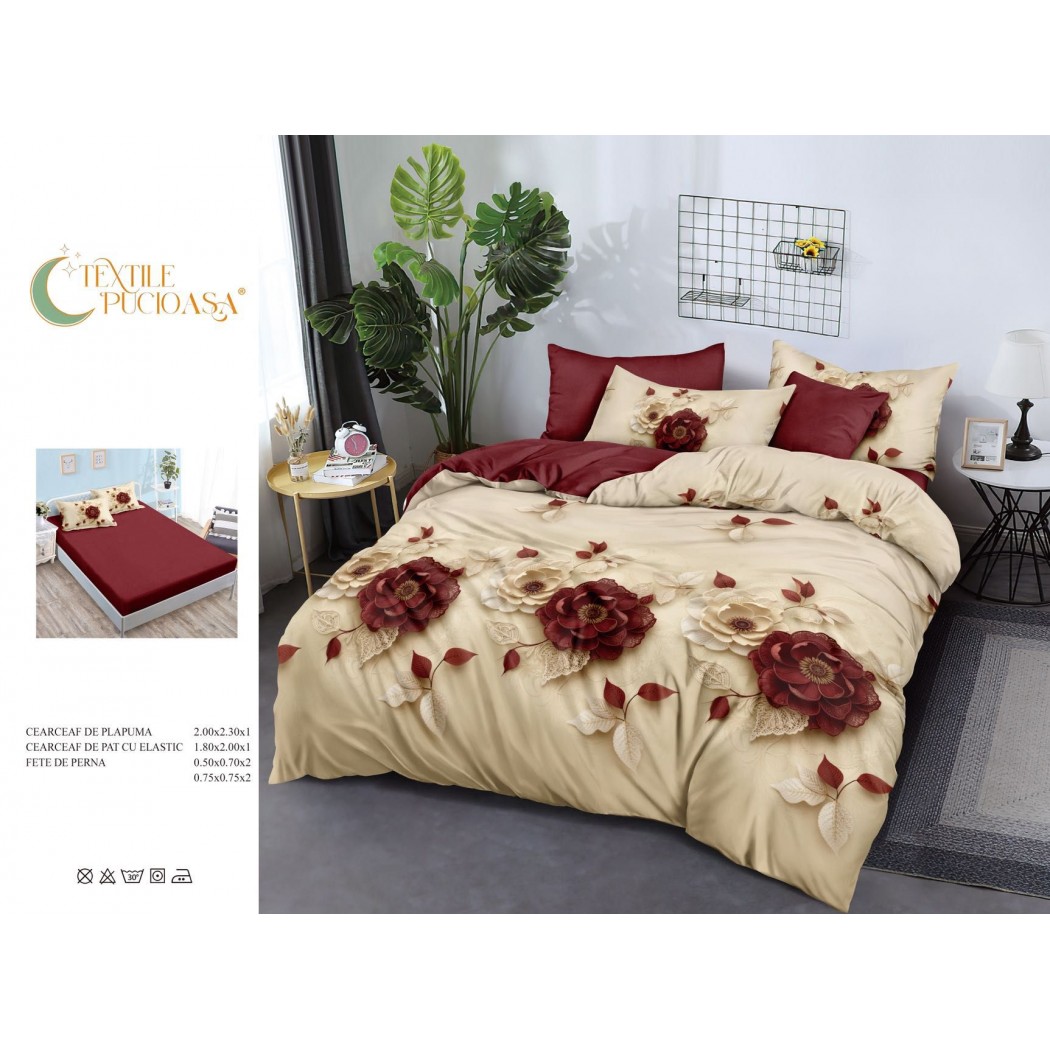 Lenjerie pentru pat dublu din finet cu 6 piese, cearceaf cu elastic cod TP10