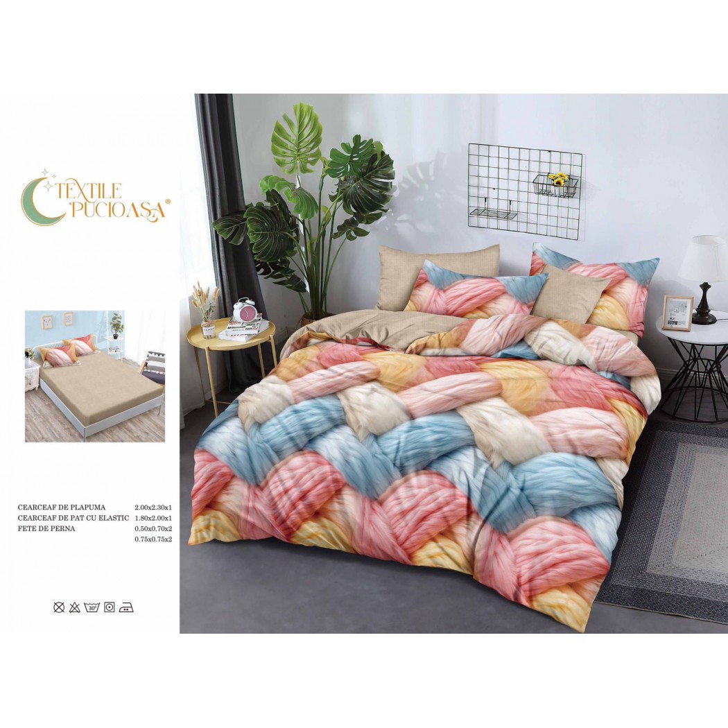 Lenjerie pentru pat dublu din finet cu 6 piese, cearceaf cu elastic cod TP11
