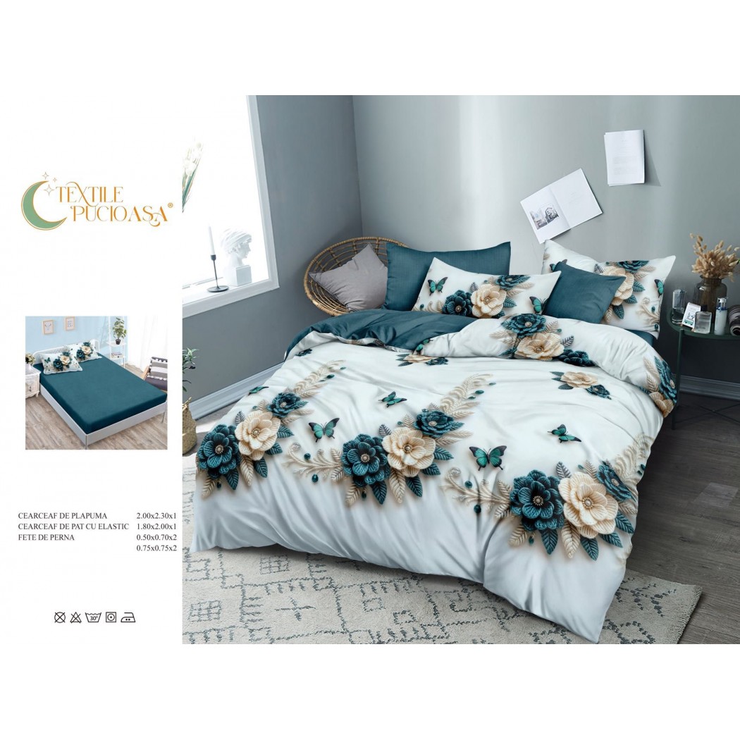 Lenjerie pentru pat dublu din finet cu 6 piese, cearceaf cu elastic cod TP15