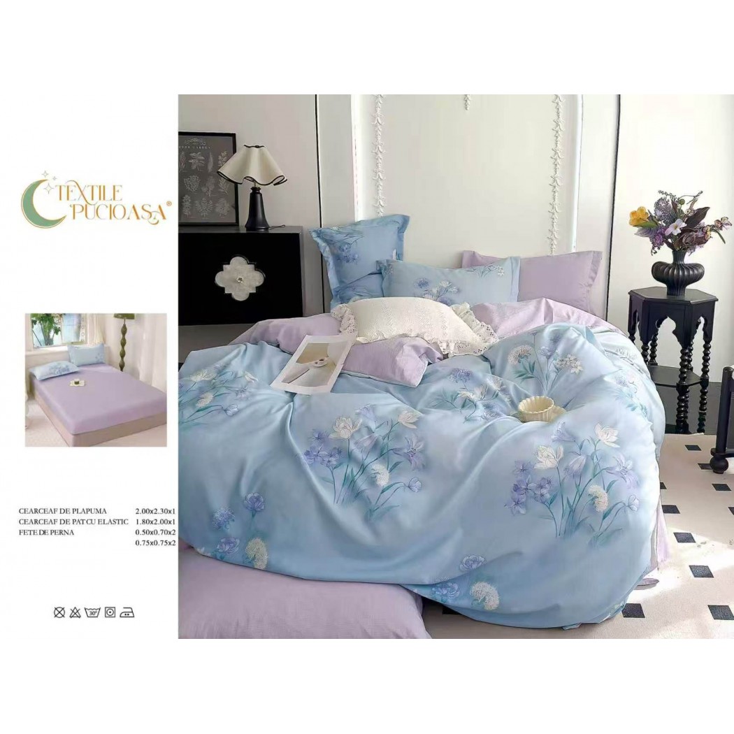 Lenjerie pentru pat dublu din finet cu 6 piese, cearceaf cu elastic cod TP16