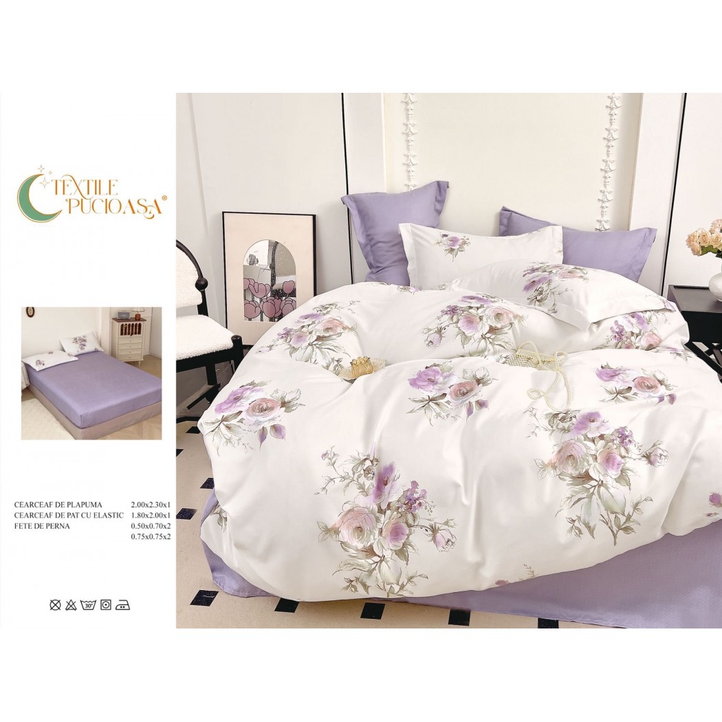 Lenjerie pentru pat dublu din finet cu 6 piese, cearceaf cu elastic cod TP17