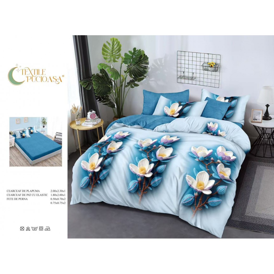 Lenjerie pentru pat dublu din finet cu 6 piese, cearceaf cu elastic cod TP19