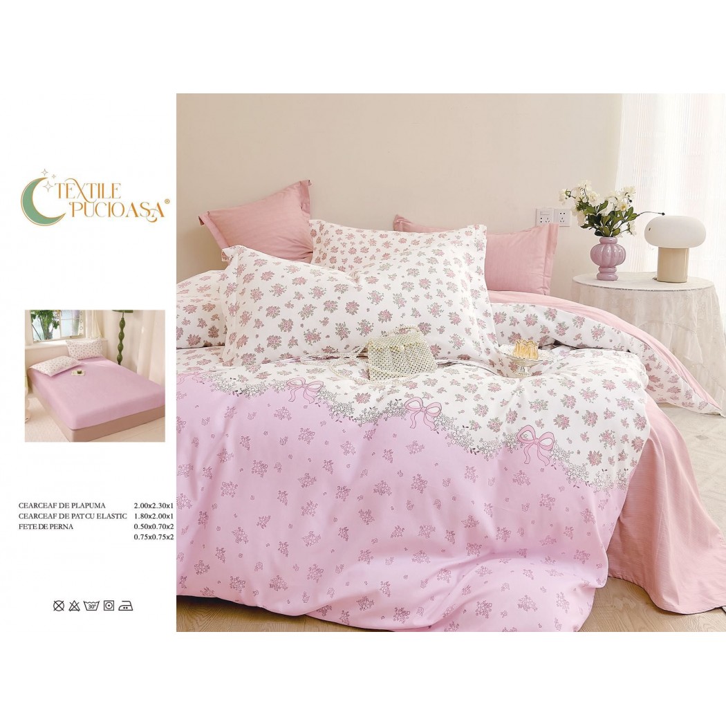 Lenjerie pentru pat dublu din finet cu 6 piese, cearceaf cu elastic cod TP22