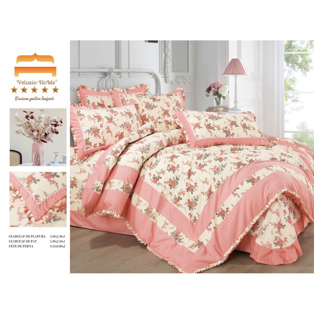 Lenjerie pentru pat dublu, 4 piese din bumbac finet cu volanase , cod VL24