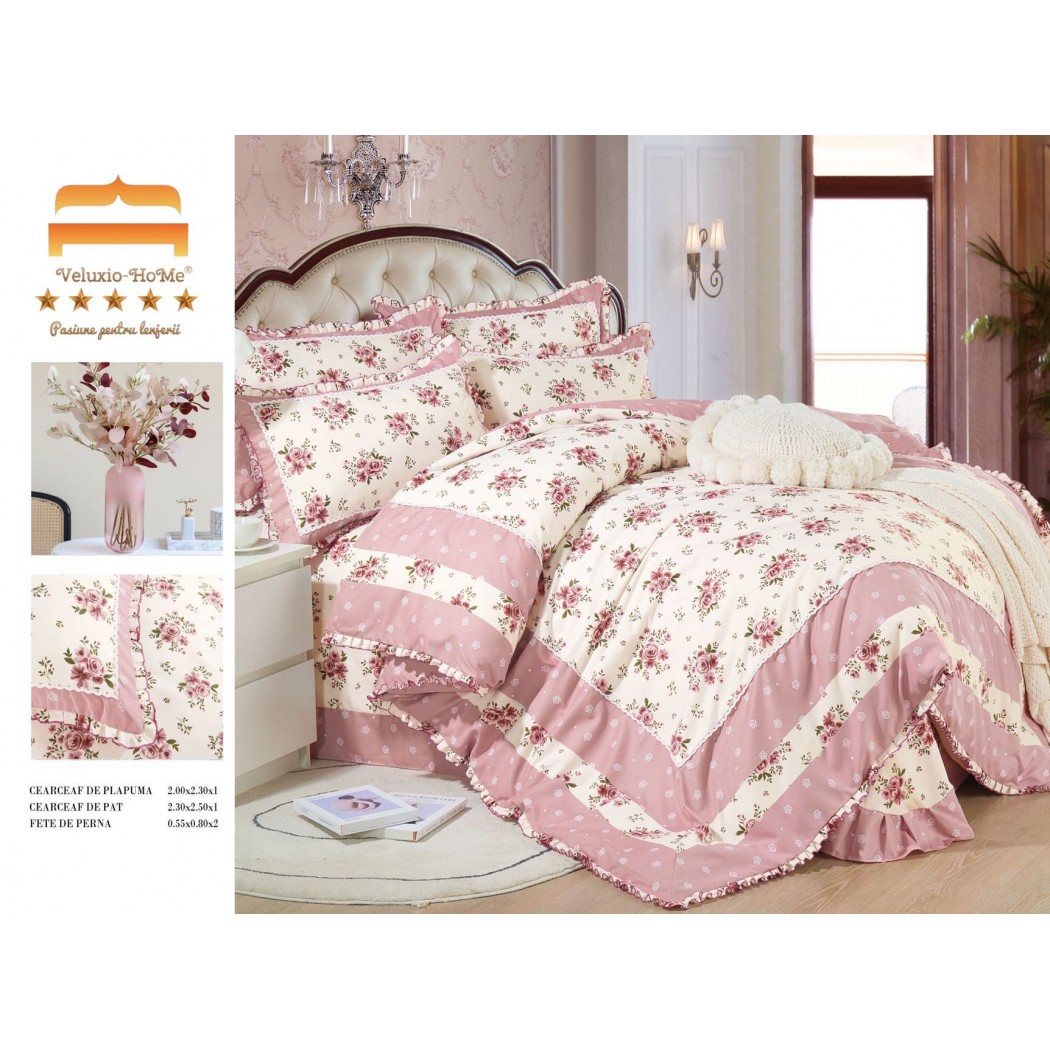 Lenjerie pentru pat dublu, 4 piese din bumbac finet cu volanase , cod VL34