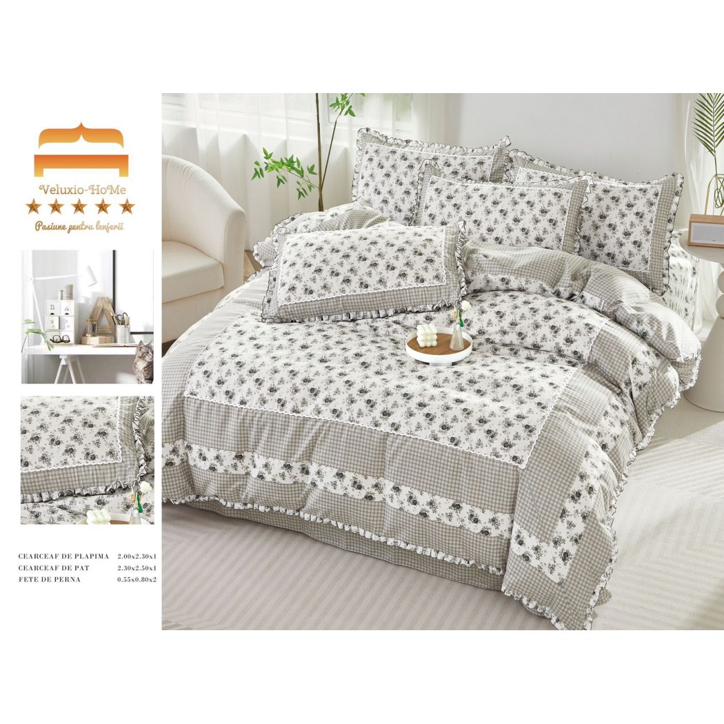 Lenjerie pentru pat dublu, 4 piese din bumbac finet cu volanase , cod VL36