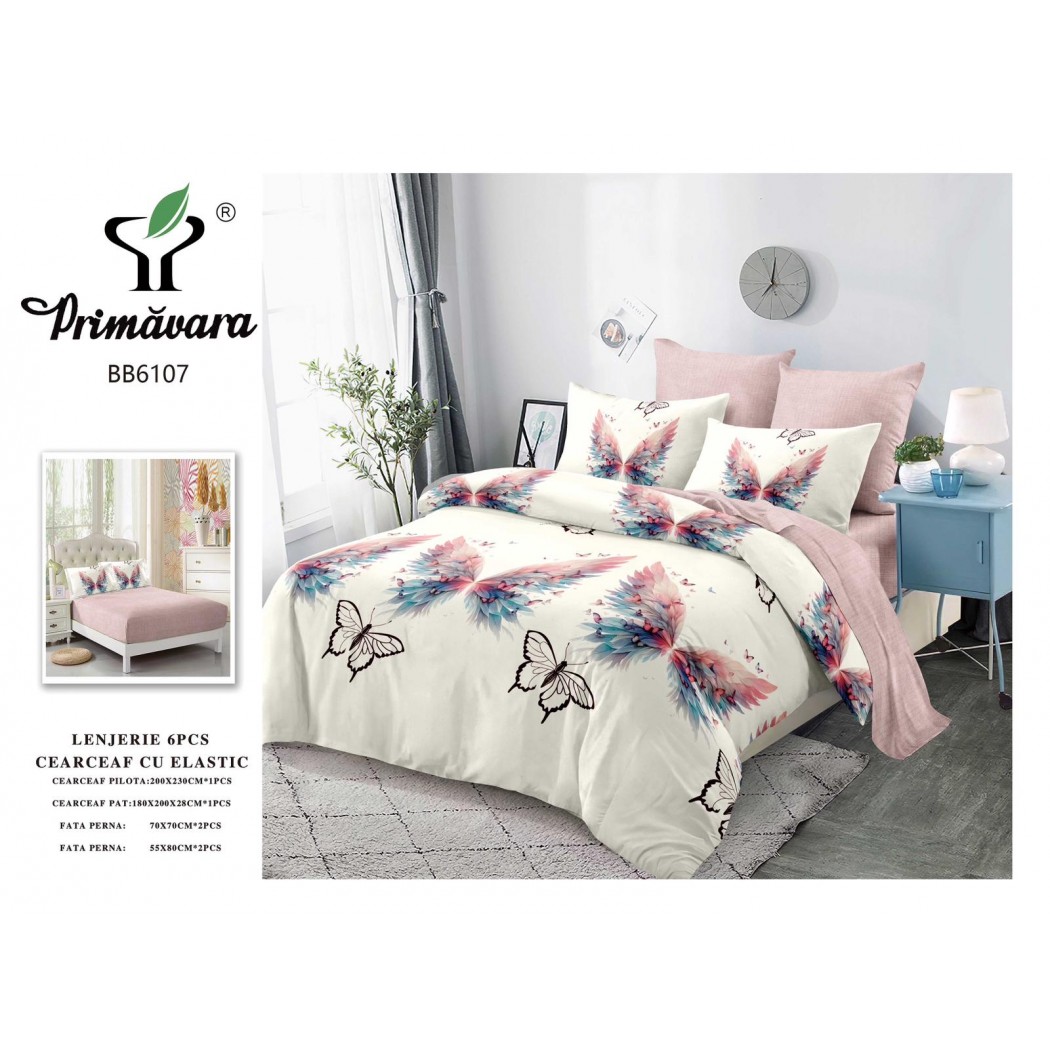 Lenjerie pentru pat dublu din finet cu 6 piese, cearceaf cu elastic cod BB6107