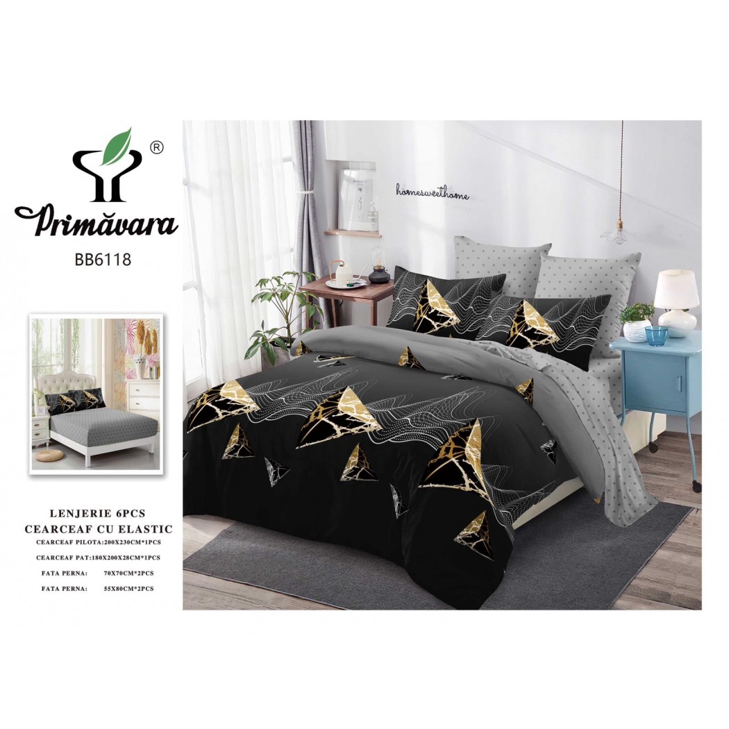 Lenjerie pentru pat dublu din finet cu 6 piese, cearceaf cu elastic cod BB6118