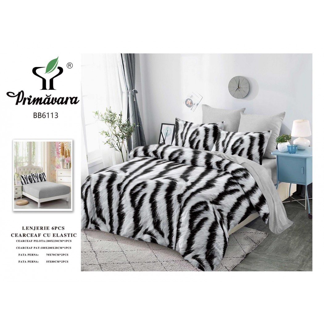 Lenjerie pentru pat dublu din finet cu 6 piese, cearceaf cu elastic cod BB6113