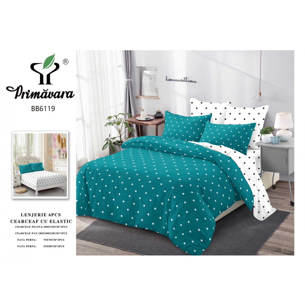 Lenjerie pentru pat dublu din finet cu 6 piese, cearceaf cu elastic cod BB6119