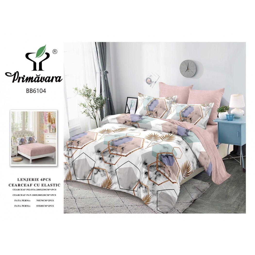 Lenjerie pentru pat dublu din finet cu 6 piese, cearceaf cu elastic cod BB6104