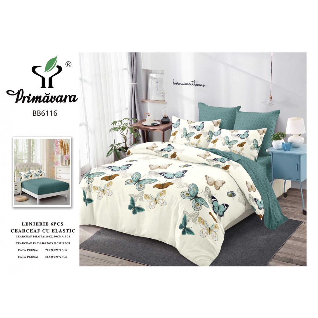 Lenjerie pentru pat dublu din finet cu 6 piese, cearceaf cu elastic cod BB6116