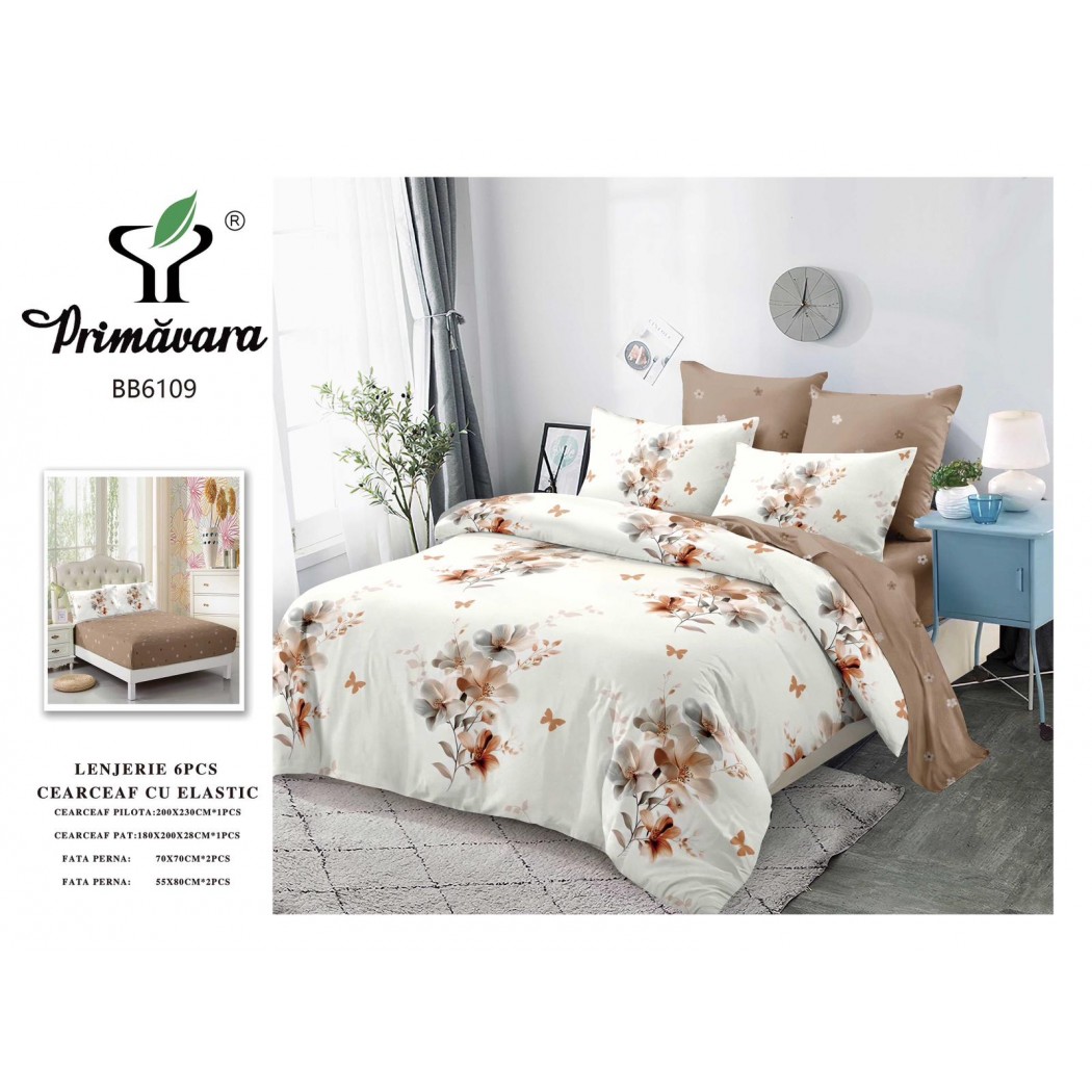 Lenjerie pentru pat dublu din finet cu 6 piese, cearceaf cu elastic cod BB6109